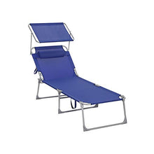 SONGMICS Lettino Prendisole Grande, Sdraio Pieghevole, 71 x 200 x 38 cm, Max Portata 150 kg, con Poggiatesta Parasole e Schienale Reclinabile, per Giardino Terrazzo Balcone, Blu Scuro GCB22BUV2