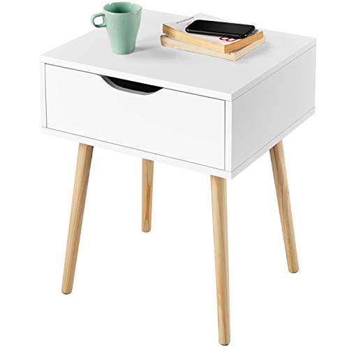 Yaheetech Comodino Camera da Letto Tavolino Lato con Cassetto Salvaspazio Tavolino da Salotto Moderno da Divano Tavolo da Caffè con Piedini in Legno Organizzatore da Letto Soggiorno Bianco