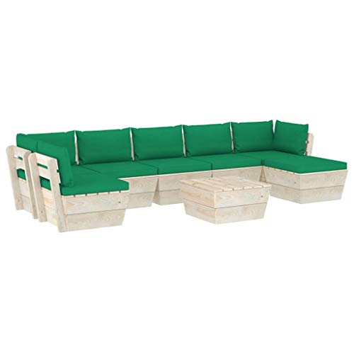 SKM Set Divani da Giardino su Pallet 8 pz con Cuscini Legno Abete (148.6kg) Verde-3617