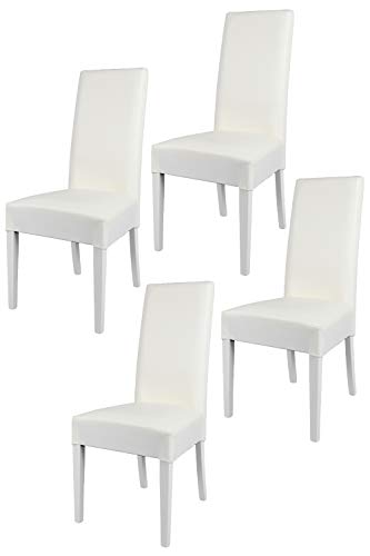 Tommychairs - Set 4 sedie modello Luisa per cucina bar e sala da pranzo, robusta struttura in legno di faggio verniciata bianco, seduta e schienale imbottiti e rivestiti in pelle artificiale bianco