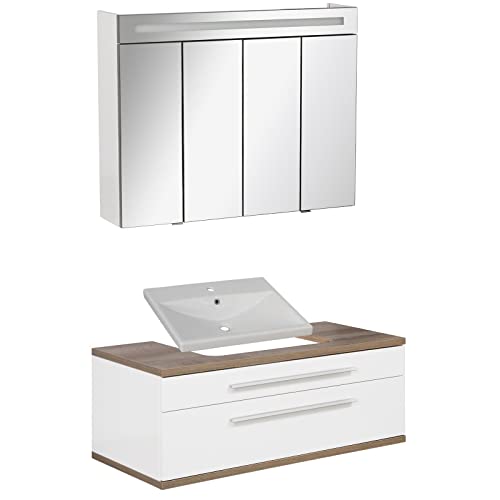 FACKELMANN Set di mobili da bagno Stanford 3 pezzi, con mobiletto sospeso e vasca in ceramica da 110 cm e armadietto a specchio a LED
