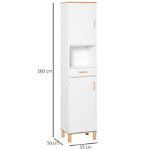 kleankin Mobile Salvaspazio Bagno in Legno Bianco, Mobile a Colonna con Armadietti e Cassetto 39x30x180cm
