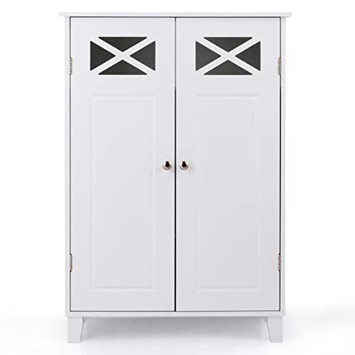 GOPLUS Armadio Salvaspazio da Terra, Armadietto con 2 Ante, Mobiletto a 3 Ripiani, Armadio da Bagno e Cucina, di Legno, Bianco, 87,5x60x30 cm