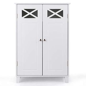 GOPLUS Armadio Salvaspazio da Terra, Armadietto con 2 Ante, Mobiletto a 3 Ripiani, Armadio da Bagno e Cucina, di Legno, Bianco, 87,5x60x30 cm