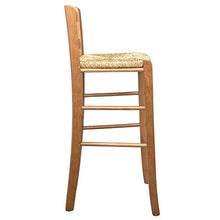 Sgabello in legno in tinta noce chiaro con schienale h 67cm seduta in paglia