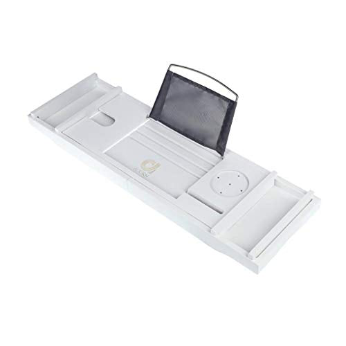 Mensola per Vasca Antiscivolo, Bianco Impermeabile in bambù con Carrello Porta Bicchiere E Supporto per iPad/Vaschetta da Bagno per Il Resto del Libro, Adatta per La Maggior Parte delle Vasche