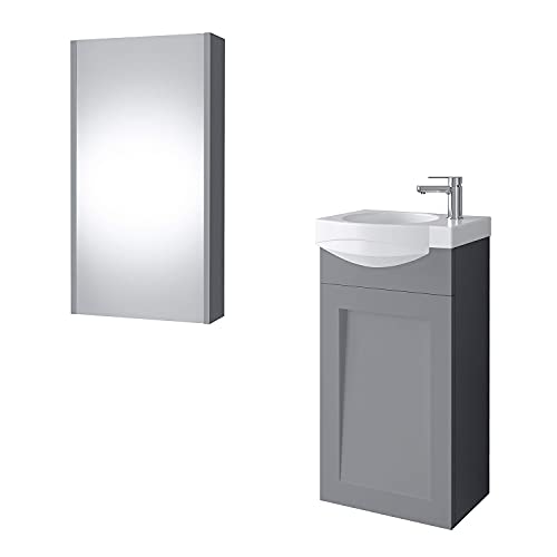 Planetmöbel Mobiletto da bagno in ceramica, con specchio, per ospiti, 40 cm, opaco (grigio opaco)