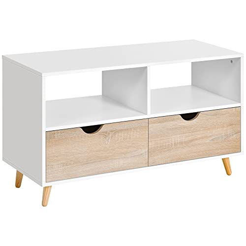homcom Mobiletto Porta TV in Legno con Design Moderno, 2 Cassetti e 2 Ripiani, Bianco e Color Legno, 99x39x58cm