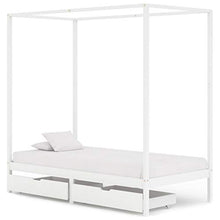 Lasamot Struttura Letto in Legno di Pino con 2 cassetti, Struttura a baldacchino per zanzariera, Staffa per Montante, Adatta per Materasso 90x200 cm (Materasso Non Incluso), Bianca