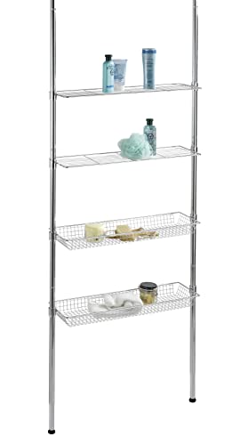 WENKO Scaffale telescopico Ellera - 2 aste di supporto allungabili, 2 ripiani, 2 cestelli, cromo, Acciaio, 71 x 65-285 x 20 cm, Cromo