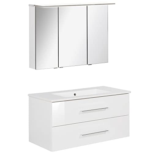 FACKELMANN B.Perfekt - Set di mobili da bagno, 2 pezzi, con mobiletto in ceramica, 100 cm e armadietto a specchio a LED