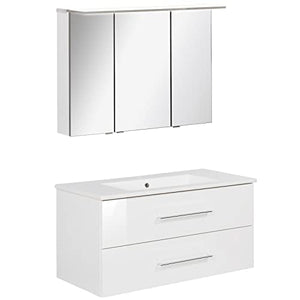 FACKELMANN B.Perfekt - Set di mobili da bagno, 2 pezzi, con mobiletto in ceramica, 100 cm e armadietto a specchio a LED