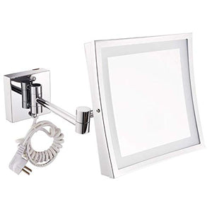 SHY Specchio per Il Trucco a LED da Parete, Specchio da Bagno, Lente d'Ingrandimento 3X Pieghevole in Acciaio Inossidabile, Specchio da Barba, Quadrato, Argento