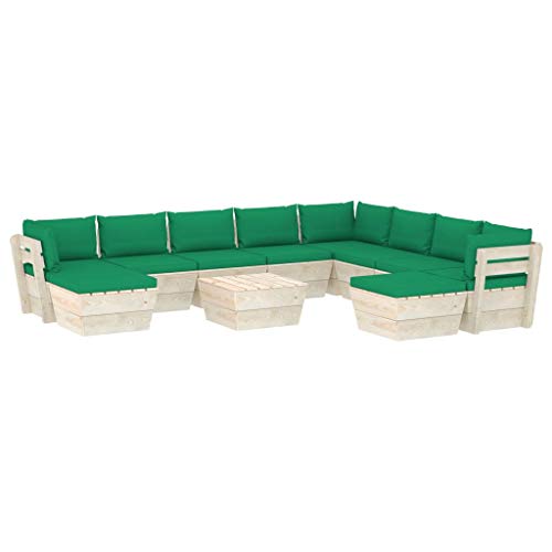 SKM Set Divani da Giardino su Pallet 11 pz con Cuscini Legno Abete (204.7kg) Verde-3689