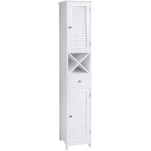 VASAGLE Armadietto da Bagno, Mobiletto Alto con Anta a Persiana, Cassetto e Supporto Rimovibile a Forma di X, 32 x 30 x 170 cm, Stile Scandinavo, Bianco BBC69WT