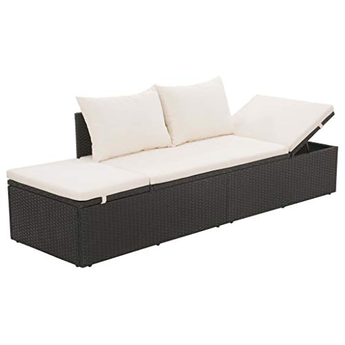 Festnight Lettino Prendisole Reclinabile da Giardino Esterno in Polirattan Nero con Schienale e Cuscini,Lettino da Sole da Giardino in Rattan,Divano da Giardino 3 Posti in Rattan 195x60x60cm