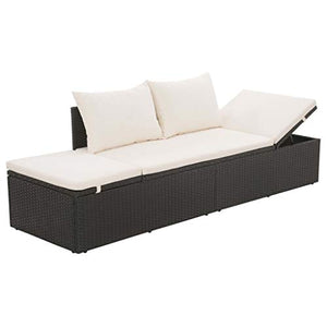 Festnight Lettino Prendisole Reclinabile da Giardino Esterno in Polirattan Nero con Schienale e Cuscini,Lettino da Sole da Giardino in Rattan,Divano da Giardino 3 Posti in Rattan 195x60x60cm