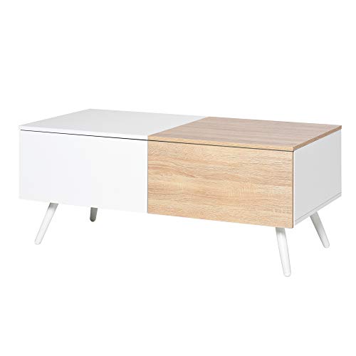 homcom Tavolino da Salotto Stile Nordico con 2 Cassetti, Mobiletto Moderno Casa e Ufficio, Bianco e Rovere, 110x60x45cm