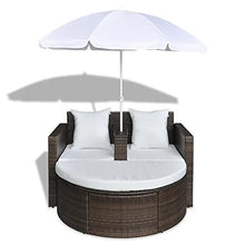 Sedia a Sdraio con Ombrellone Lettino Prendisole in Polirattan Sdraio Giardino con Un poggiapiedi Rimovibile Lettino Impermeabile -Marrone + Bianco