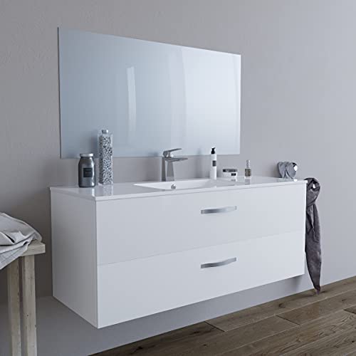 Mobile bagno SOSPESO 120 cm con lavabo in ceramica e specchio con cassetti BIANCO LINDA 8220