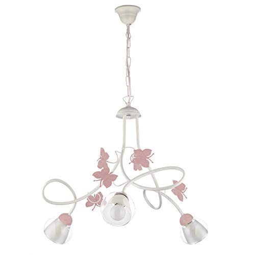 ONLI Lampadario 3 luci cameretta in Metallo Bianco con Farfalle dipinte in Rosa