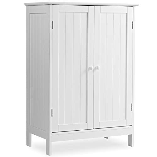 GOPLUS Mobiletto per Bagno con Due Ante Armadietto in Legno Bianco 87x60x35 cm