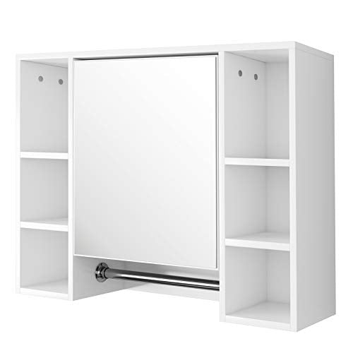 EUGAD Mobiletto Pensile da Bagno con Specchiera Armadietto Bianco da Parete con 8 Mensole Anta Centrale Ripiani Regolabili Portasciugamani Inclusa 0131WY