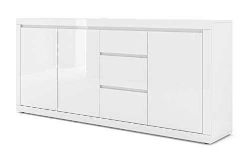 BIM Furniture Cassettiera Bello Bianco IV 195 cm Credenza Highboard Armadio Bianco Opaco/Bianco Lucido TRE Scaffalature Italiane TRE Cassetti