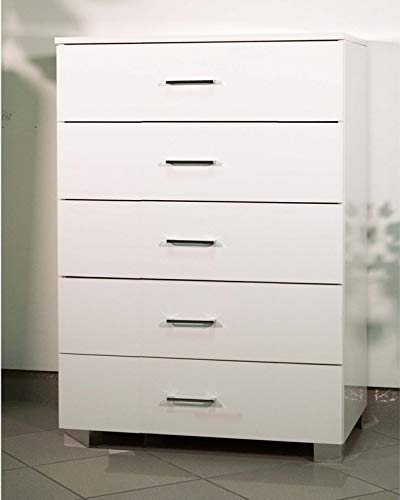 Cassettiera multiuso a 5 cassetti in legno arredamento moderno salotto camera da letto (81x44xh103) (Bianco Lucido)