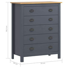 Ausla - Mobiletto con 5 cassetti, cassettiera bianca in legno di pino massiccio, per soggiorno, ingresso e camera da letto, 79 x 40 x 96,5 cm, grigio e marrone miele