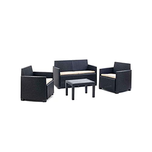 MAURY'S Salotto Set da Giardino in Resina Silvia 4 PZ Antracite Cuscini Crema