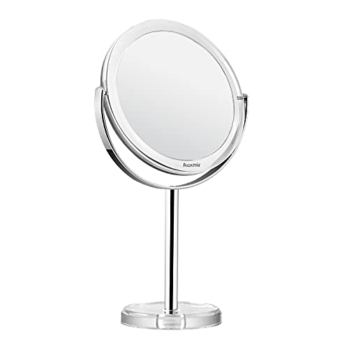 Auxmir Specchio Trucco da Tavolo Bifacciale, Specchio Ingranditore 10X/1X, Specchio da Bagno Rotazione a 360︒ Stile Retrò, Supporto Cromato, Bordo e Piedistallo Trasparente