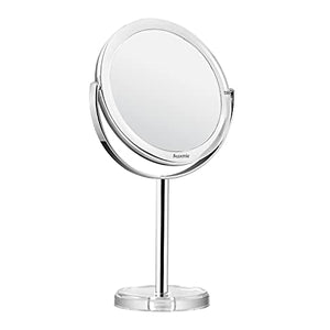 Auxmir Specchio Trucco da Tavolo Bifacciale, Specchio Ingranditore 10X/1X, Specchio da Bagno Rotazione a 360︒ Stile Retrò, Supporto Cromato, Bordo e Piedistallo Trasparente