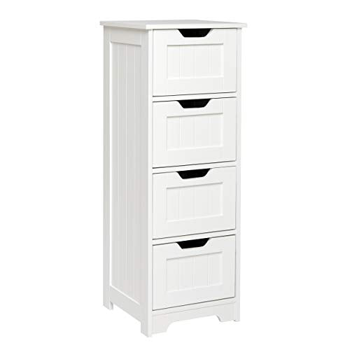 Meerveil Mobiletto Bagno, Cassettiera Armadietto Bagno da 4 Cassetti in legno Salvaspazio 30 x 30 x 82 cm per Bagno Soggiorno Corridoio Camera da letto Bianco