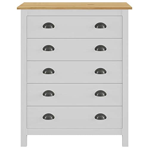 Mobiletto con 5 cassetti, cassettiera bianca in legno di pino massiccio per soggiorno, ingresso e camera da letto, 79 x 40 x 96,5 cm, bianco e legno