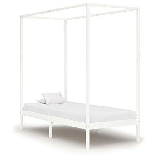 BIGTO - Struttura letto a baldacchino in legno di pino massiccio, per camera da letto, 90 x 200 cm, colore: Bianco