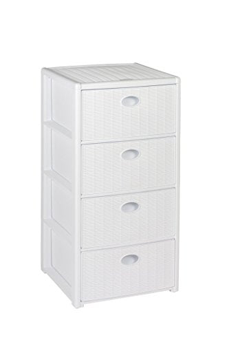 Cassettiera in plastica effetto rattan, con 4 cassetti, a rotelle, Dimensioni: 40 x 40 x 81 cm, bianco