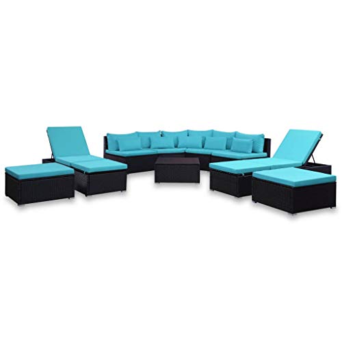 Festnight Set Divani da Giardino in Polyrattan, Set di Mobili da Giardino, Set Divano Esterno con Cuscini 9 pz Blu