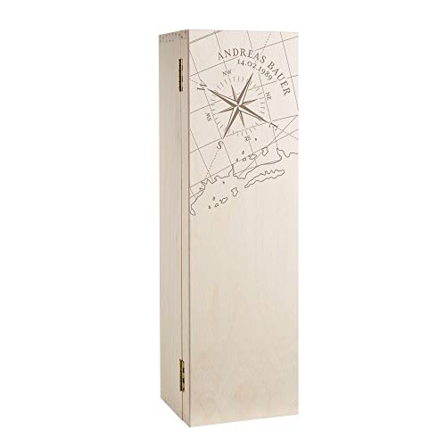 AMAVEL Confezione in Legno Porta Bottiglie di Vino con Incisione Personalizzata Nome e Data, Motivo Bussola, Scatola Regalo Originale per Compleanno o Natale