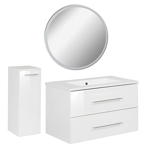 FACKELMANN B.Perfekt - Set di mobili da bagno, 3 pezzi, con mobiletto in ceramica, 80 cm e specchio rotondo a LED
