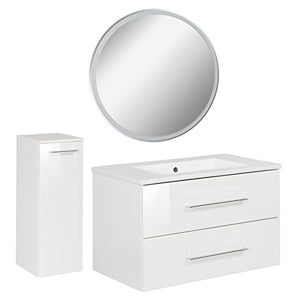 FACKELMANN B.Perfekt - Set di mobili da bagno, 3 pezzi, con mobiletto in ceramica, 80 cm e specchio rotondo a LED