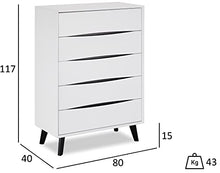 Ibbe Design Cassetti Armadietto Cassettiera Bianco Nero Credenza con 5 Cassetti di Stile Moderno Scandinavo Lyon per Soggiorno Camera da Letto Corridoio, Gambe in Legno Masselo Nero