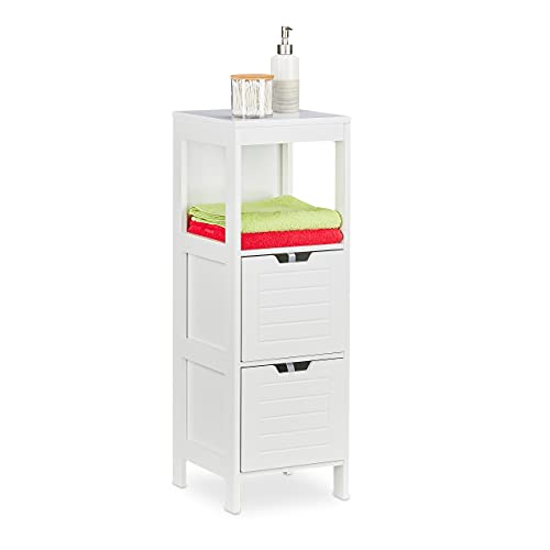 Relaxdays Mobiletto da Bagno, Armadietto a Colonna, 90 x 30 x 30cm, 2 Cassetti, 1 Scaffale, da Terra, Lavanderia, bianco, 100% fibra di legno, 1 pz