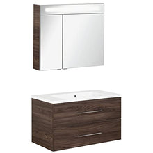 Fackelmann – Set di mobili da bagno B. Clever 2 pezzi 90 cm marrone con mobiletto da bagno con lavabo in marmo e armadietto a specchio LED