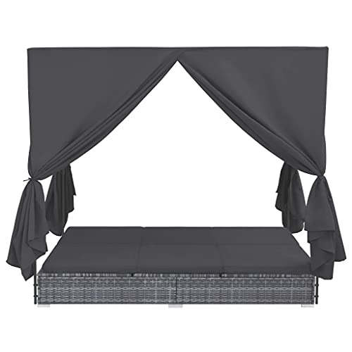 Ausla Lettino Prendisole in Polirattan con Tende Prendisole Reclinabile Regolabile Sedia a Sdraio per Spiaggia/Giardino/Patio/Piscina 197 x 140 x 180 cm Grigio