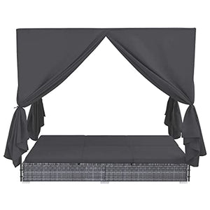 Ausla Lettino Prendisole in Polirattan con Tende Prendisole Reclinabile Regolabile Sedia a Sdraio per Spiaggia/Giardino/Patio/Piscina 197 x 140 x 180 cm Grigio