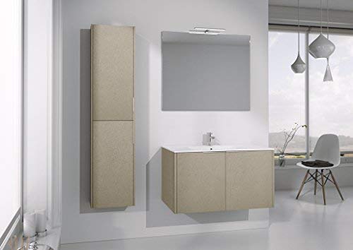 Mobile da bagno beige chiaro con lavabo e specchio rett., lampada led - Base con due ante e top con lavabo integrato,, colonna con due ante