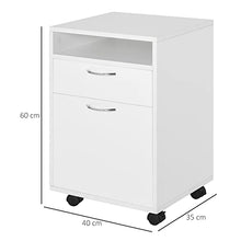 homcom Cassettiera Portadocumenti da Ufficio in Legno Bianco con 2 Cassetti, 4 Ruote Ominidirezionali, 40 x 35 x 60cm