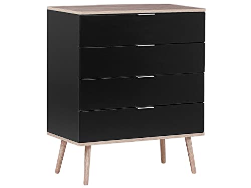 Beliani Cassettiera Nera e MDF Colore Legno Chiaro con 4 Cassetti 93 x 79 cm Walpi