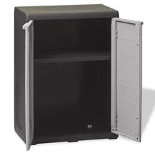 Cikonielf Armadietto da Giardino in Polipropilene con 2 Porte e 1 Ripiano Regolabile Ventilato,Armadio da Giardino Basso con Scanalature di Scolo,65 x 38 x 87 cm,Nero e Grigio
